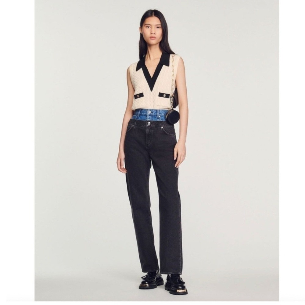 NWOT Sandro Two Tone Double Waisted Straight‎ Leg Jeans Black Blue Women 34